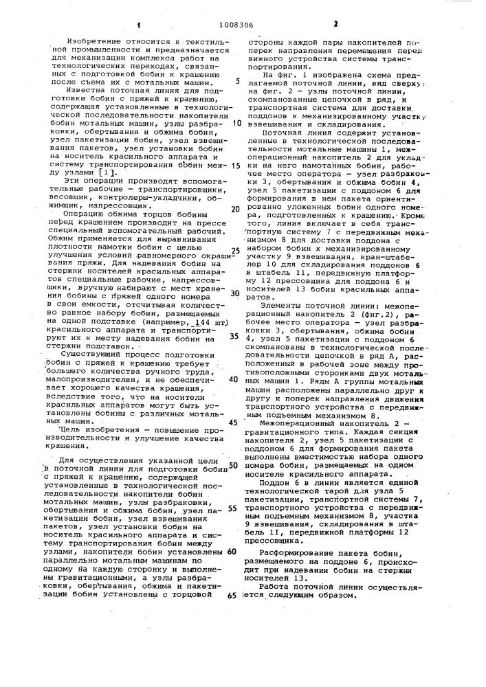 Поточная линия для подготовки бобин с пряжей к крашению (патент 1008306)
