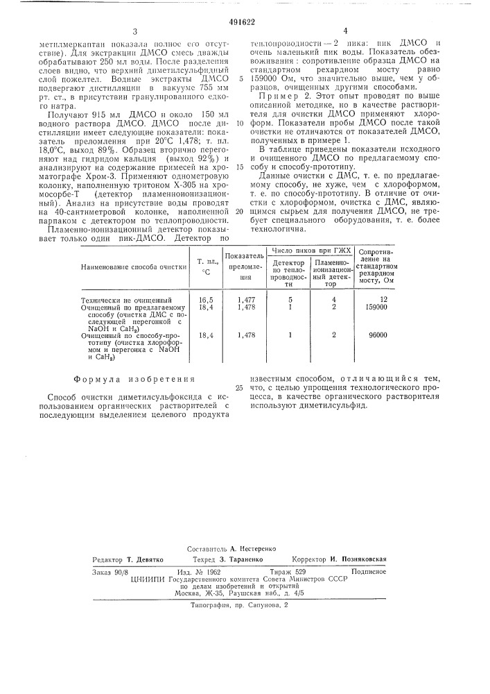 Способ очистки диметилсульфоксида (патент 491622)