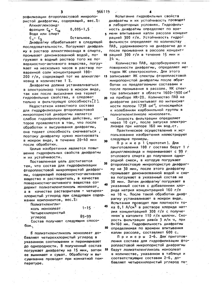 Состав для гидрофилизации фторопластовой микропористой диафрагмы (патент 966119)