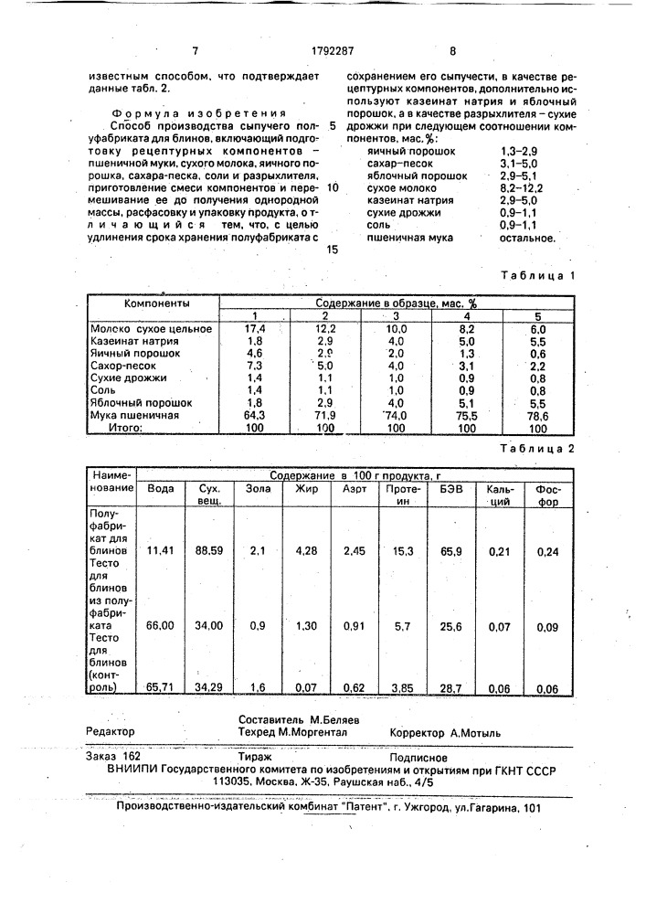 Способ производства сыпучего полуфабриката для блинов (патент 1792287)