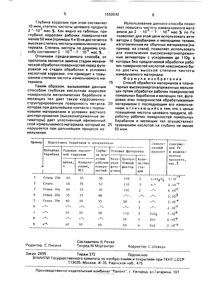 Способ обработки материалов в планетарных высокоэнергонапряженных мельницах (патент 1669542)