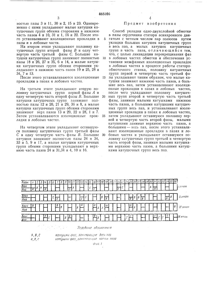 Способ укладки одно-двухслойной обмотки в пазы сердечника статора асинхронного двигателя с четным числом полюсов (патент 465696)