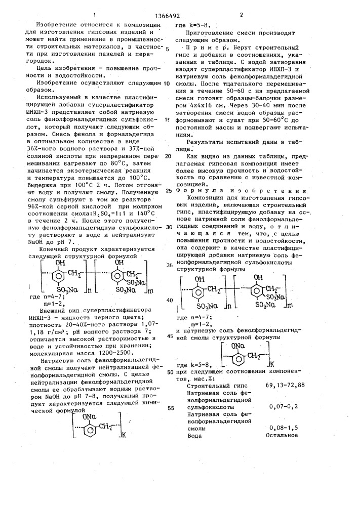 Композиция для изготовления гипсовых изделий (патент 1366492)