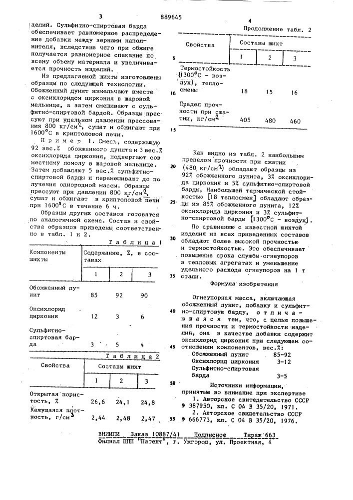 Огнеупорная масса (патент 889645)