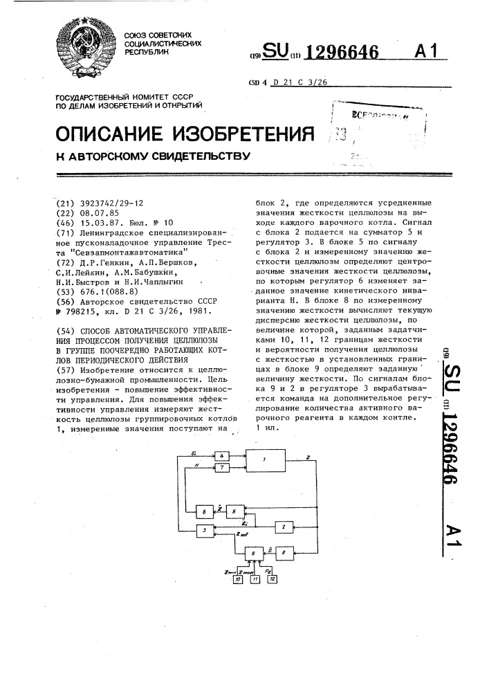 Способ автоматического управления процессом получения целлюлозы в группе поочередно работающих котлов периодического действия (патент 1296646)