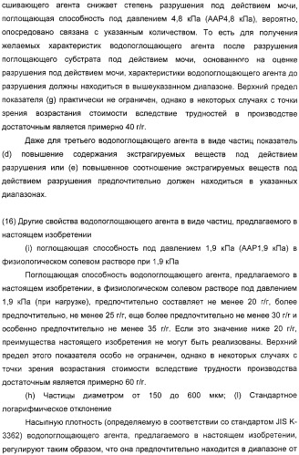 Водопоглощающий агент в виде частиц, содержащий в качестве основного компонента водопоглощающую смолу (варианты), поглощающее изделие на его основе и варианты способа получения водопоглощающего агента (патент 2338763)