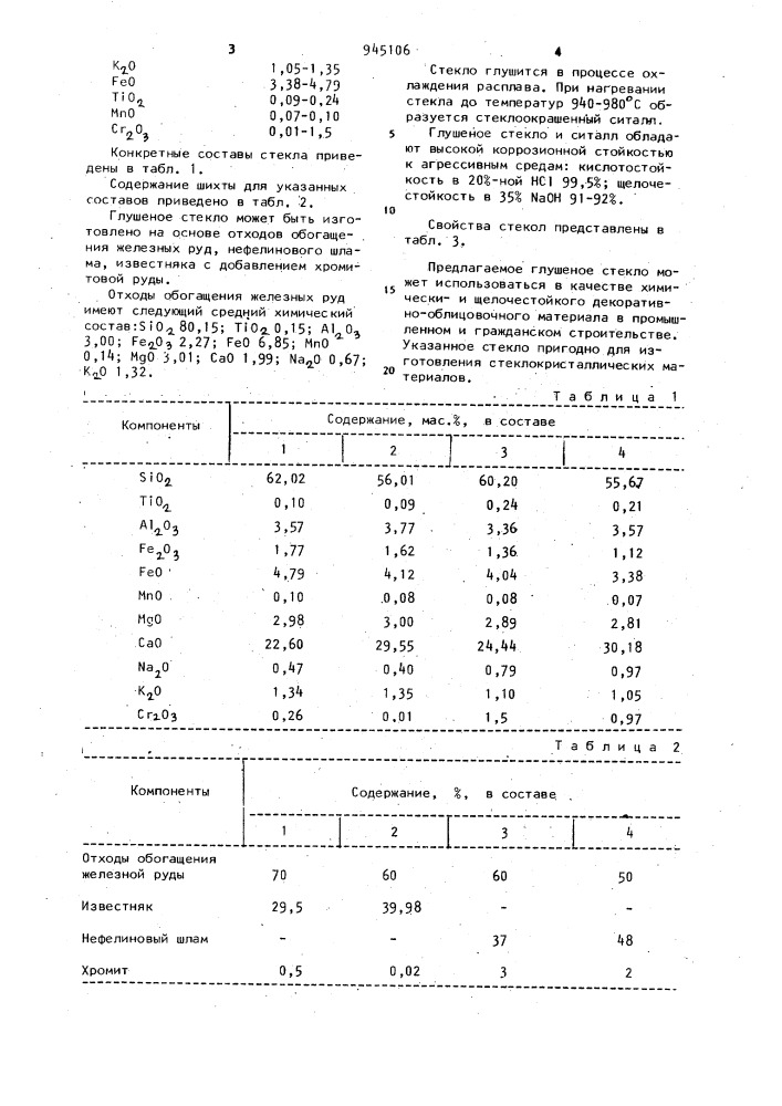 Глушеное стекло (патент 945106)