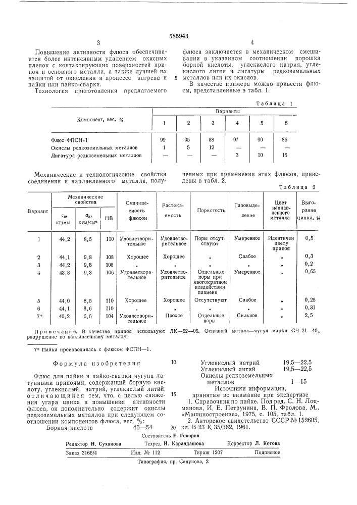 Фдюс для пайки и пайко-сварки чугуна (патент 585943)
