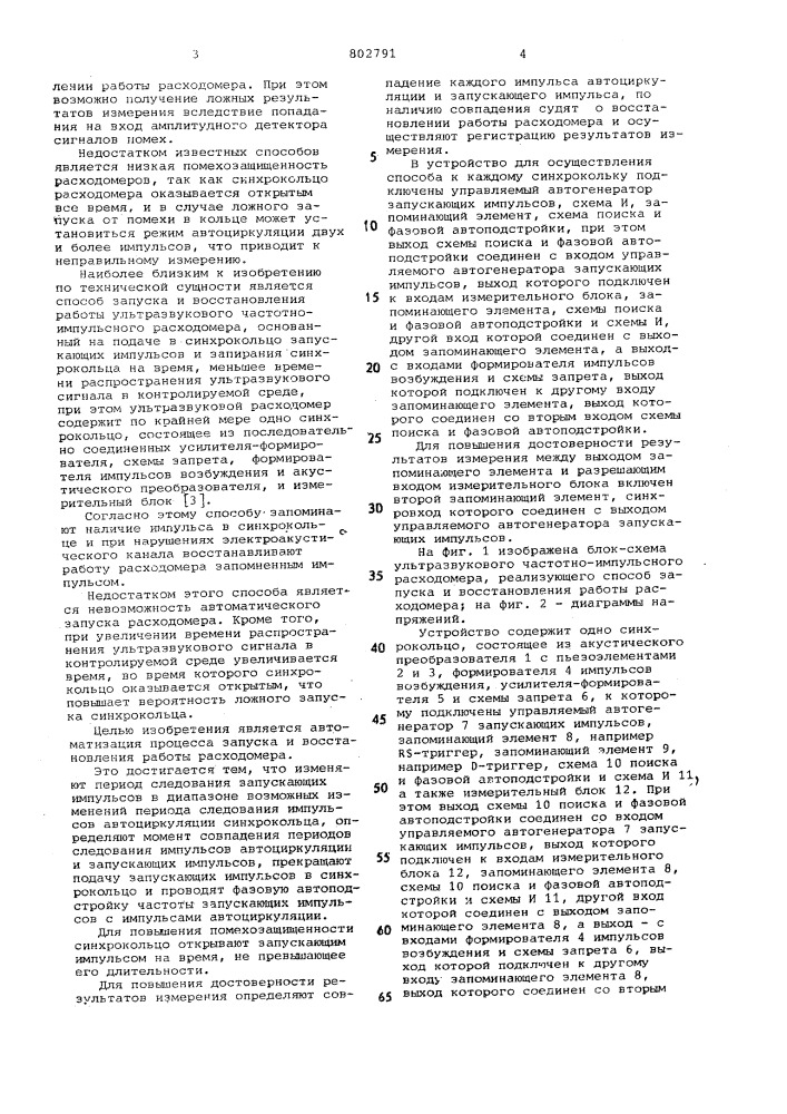 Способ запуска и восстановленияработы ультразвукового частотно- импульсного расходомера иустройство для его осуществления (патент 802791)