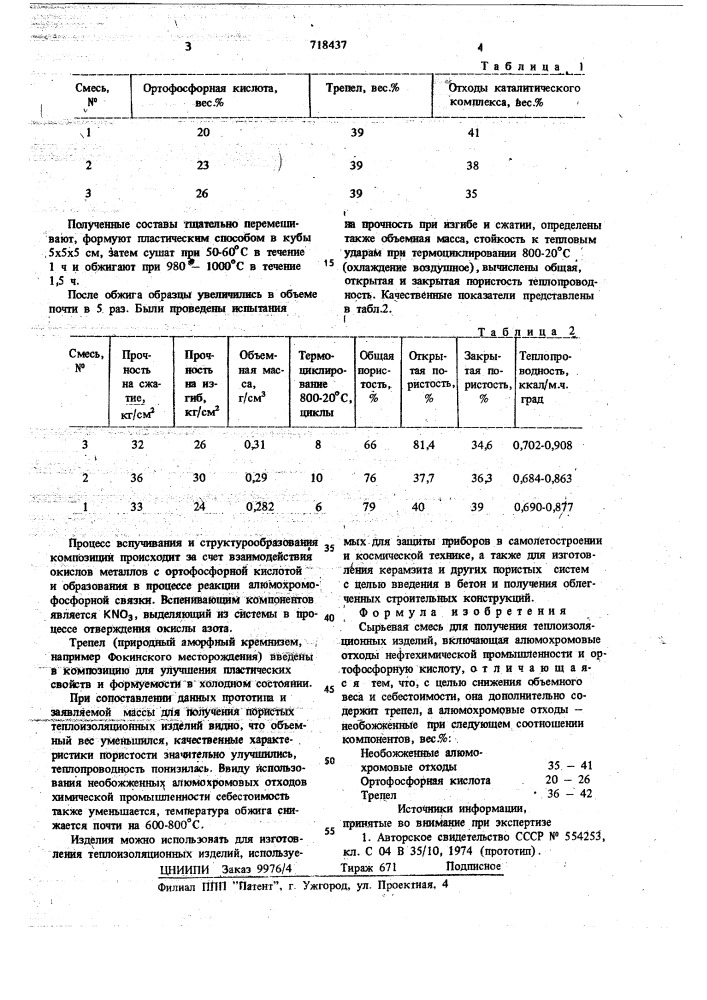 Сырьевая смесь для получения теплоизоляционных изделий (патент 718437)