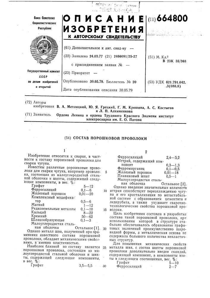 Состав порошковой проволоки (патент 664800)