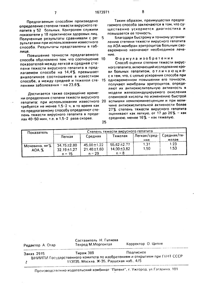Способ оценки степени тяжести вирусного гепатита (патент 1673971)