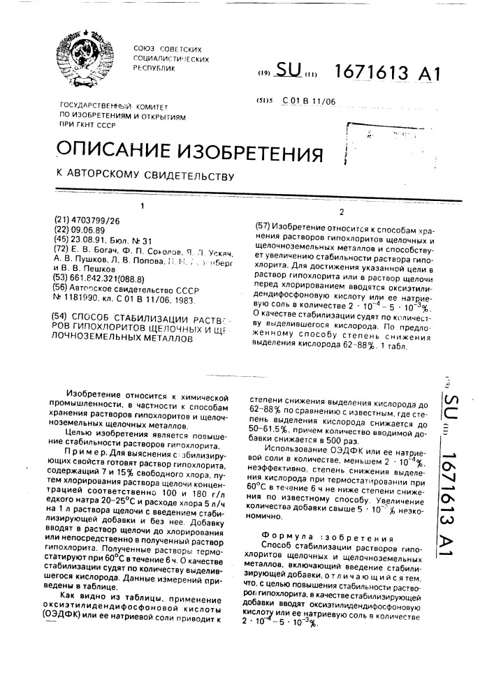 Способ стабилизации растворов гипохлоритов щелочных и щелочноземельных металлов (патент 1671613)
