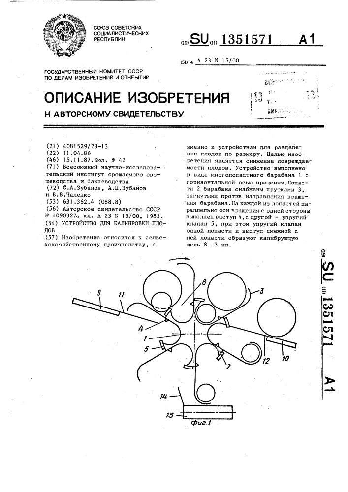 Устройство для калибровки плодов (патент 1351571)