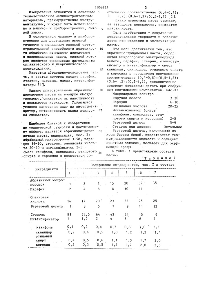 Абразивно-доводочная паста (патент 1106823)