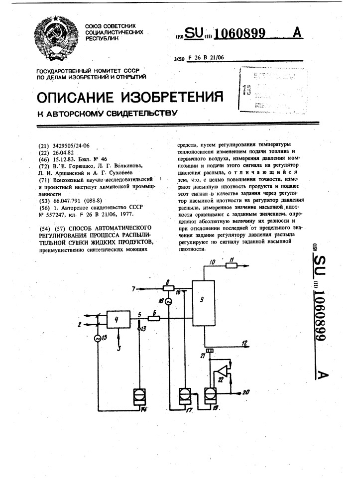 Способ автоматического регулирования процесса распылительной сушки жидких продуктов (патент 1060899)