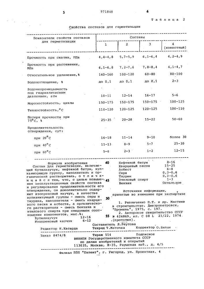 Состав для герметизации (патент 971848)