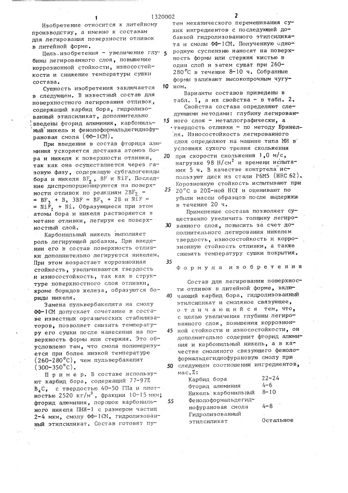 Состав для легирования поверхности отливок в литейной форме (патент 1320002)