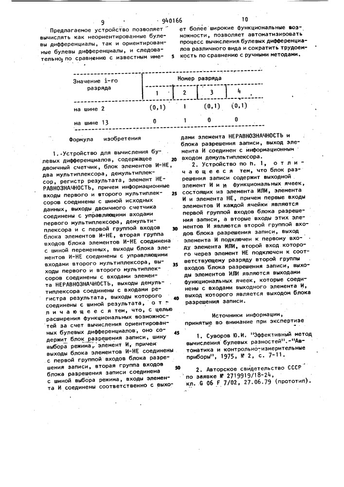 Устройство для вычисления булевых дифференциалов (патент 940166)