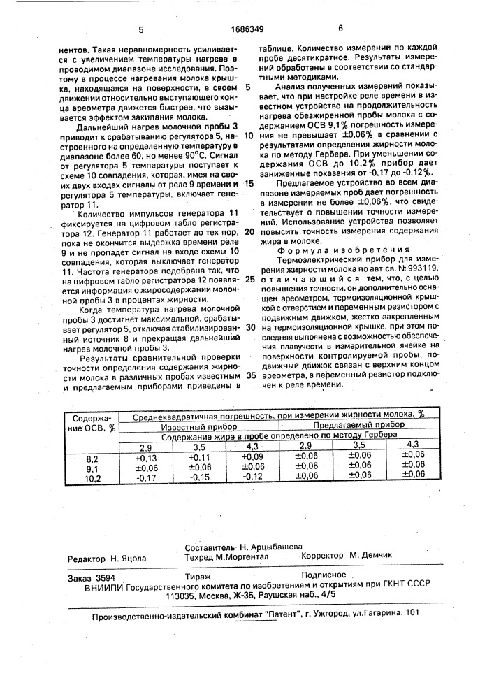 Термоэлектрический прибор для измерения жирности молока (патент 1686349)