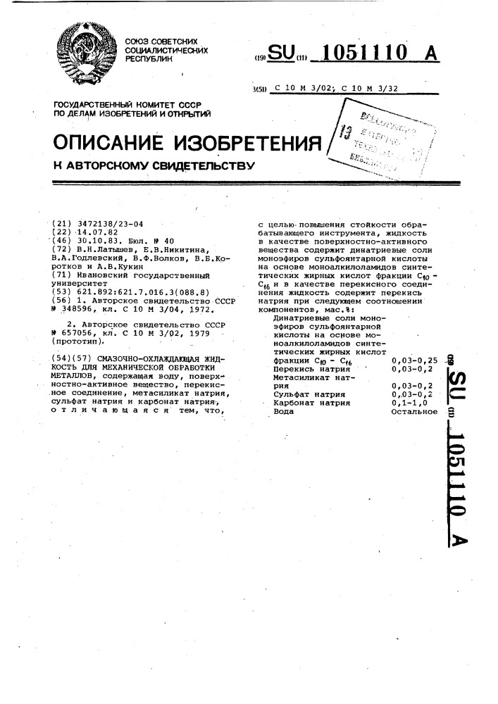 Смазочно-охлаждающая жидкость для механической обработки металлов (патент 1051110)