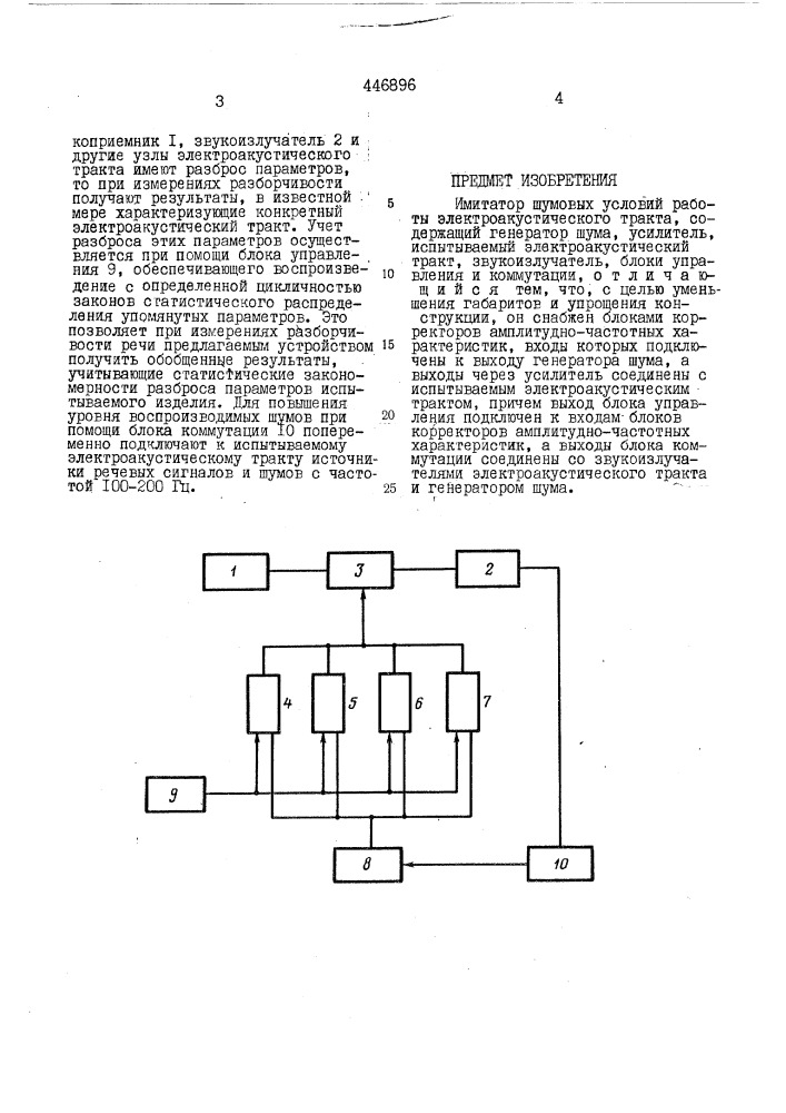 Имитатор шумовых условий работы электроакустического тракта (патент 446896)