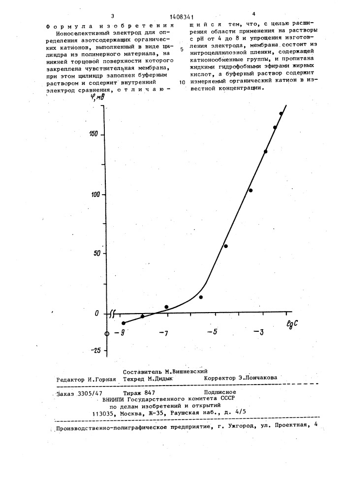 Ионоселективный электрод для определения азотосодержащих органических катионов (патент 1408341)