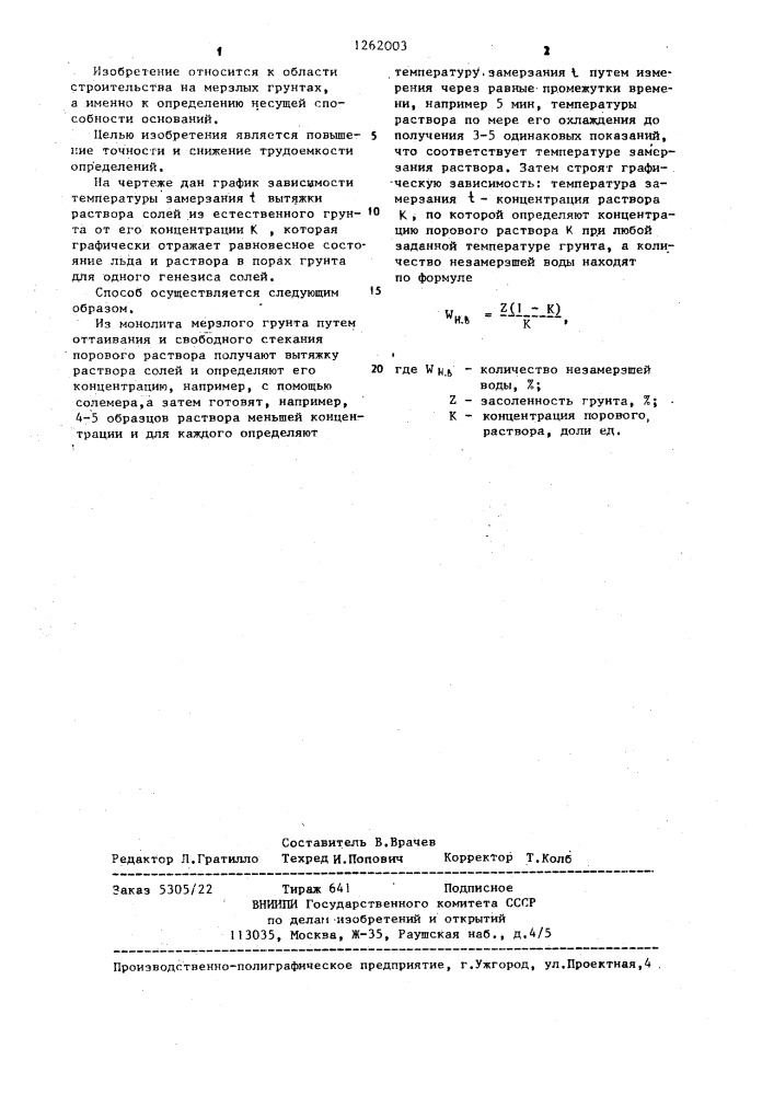 Способ определения количества незамерзшей воды в засоленных мерзлых грунтах (патент 1262003)