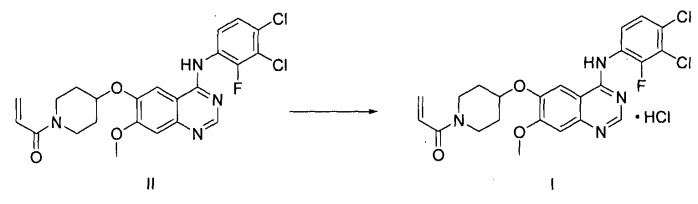 Способ получения гидрохлорида 1-(3,4-дихлор-2-фторфениламино)-7-метоксихиназолин-6-илокси)пиперидин-1-ил)проп-2-ен-1-она и используемых в нем промежуточных соединений (патент 2563630)