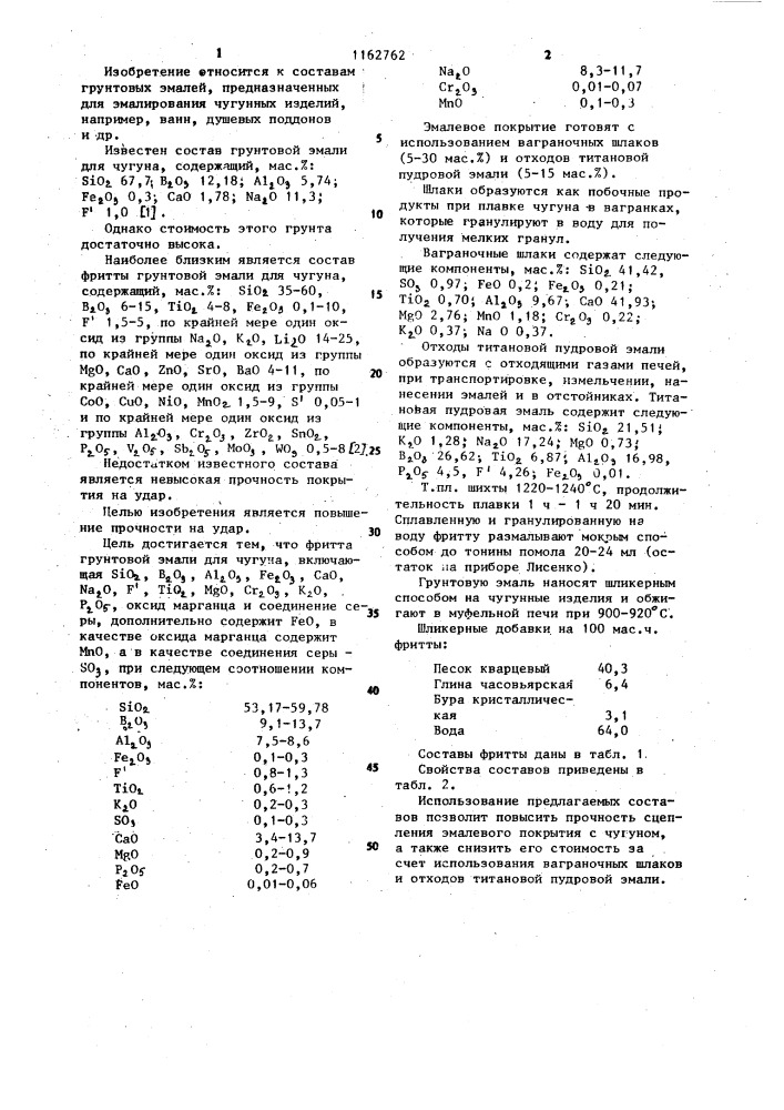 Фритта грунтовой эмали для чугуна (патент 1162762)