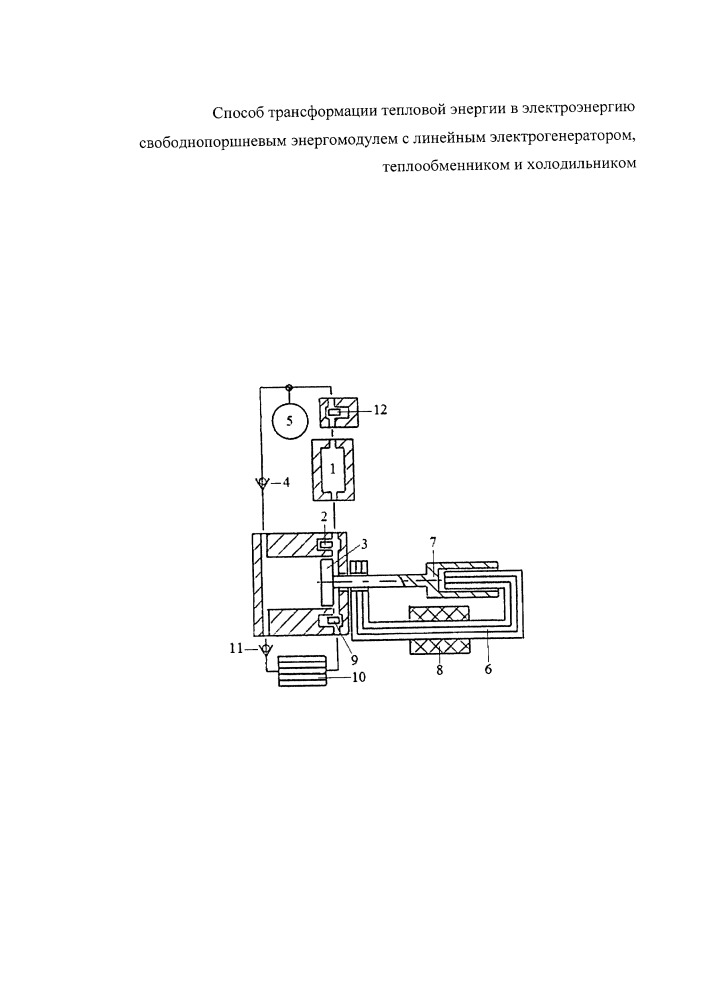 Способ трансформации тепловой энергии в электроэнергию свободнопоршневым энергомодулем с линейным электрогенератором, теплообменником и холодильником (патент 2659598)