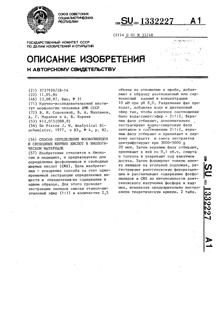 Способ определения фосфолипидов и свободных жирных кислот в биологическом материале (патент 1332227)