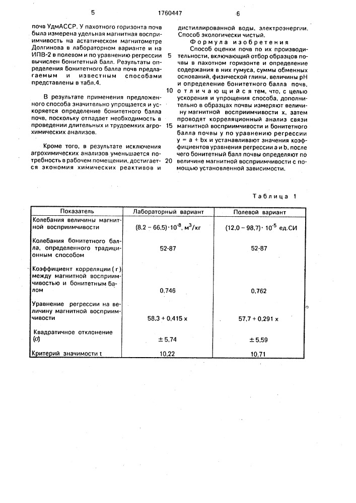 Способ оценки почв по их производительности (патент 1760447)