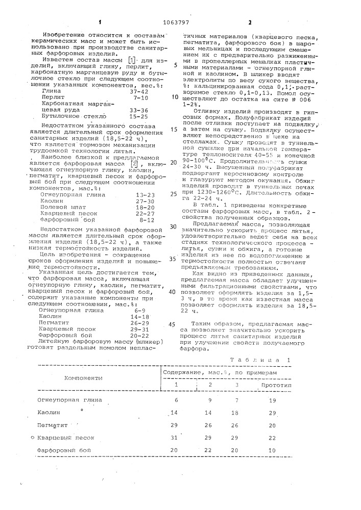 Фарфоровая масса (патент 1063797)