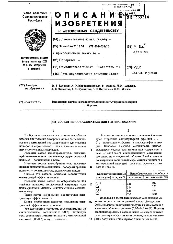 Состав пенообразователя для тушения пожаров (патент 569314)