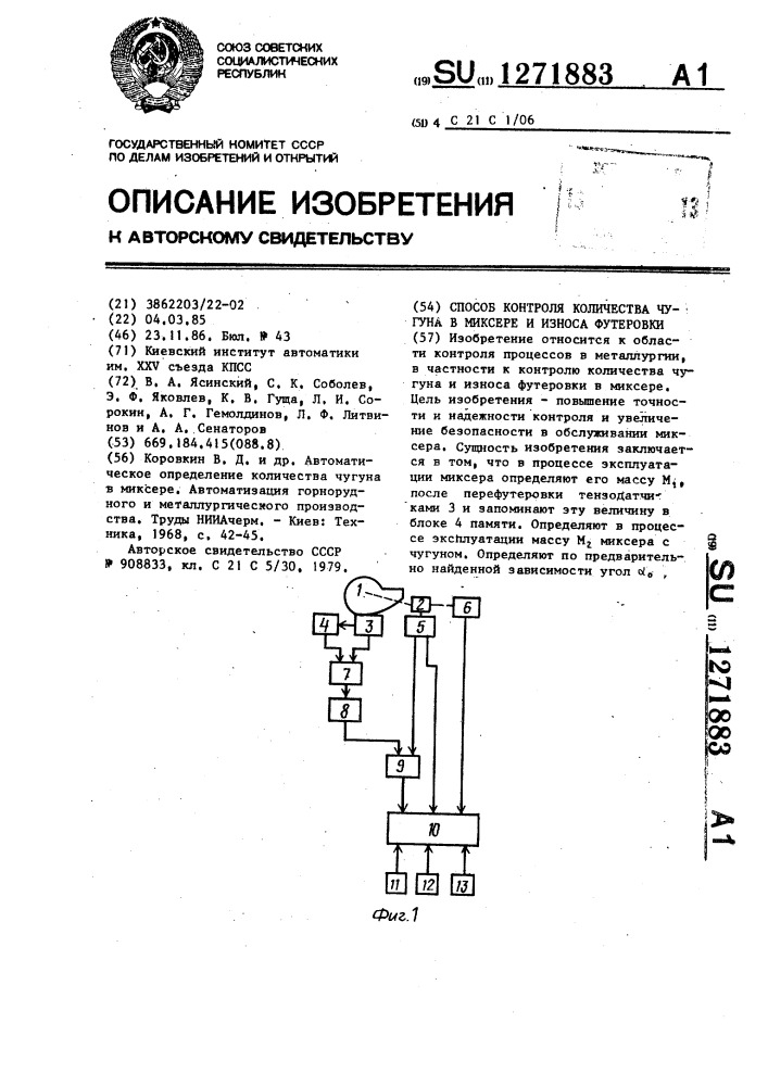 Способ контроля количества чугуна в миксере и износа футеровки (патент 1271883)