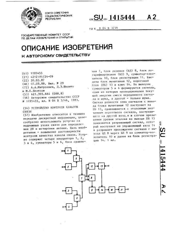 Устройство контроля каналов связи (патент 1415444)