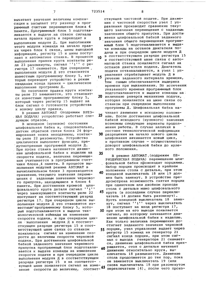 Устройство для управления шлифовальным станком (патент 723514)