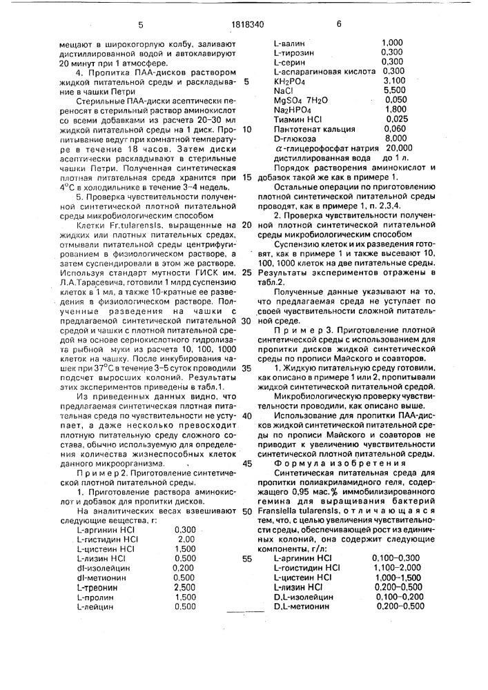 Синтетическая питательная среда для пропитки полиакриламидного геля, содержащего 0,95 мас.% иммобилизированного гемина, для выращивания бактерий fransiella тulаrеnsis (патент 1818340)
