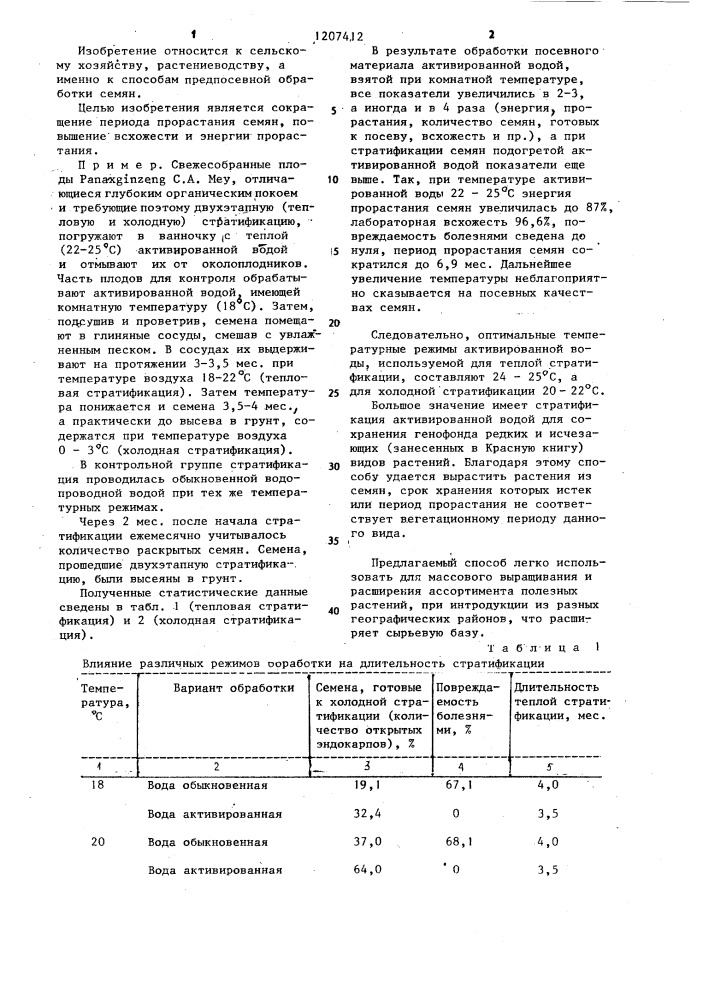 Способ предпосевной обработки семян с глубоким органическим покоем (патент 1207412)