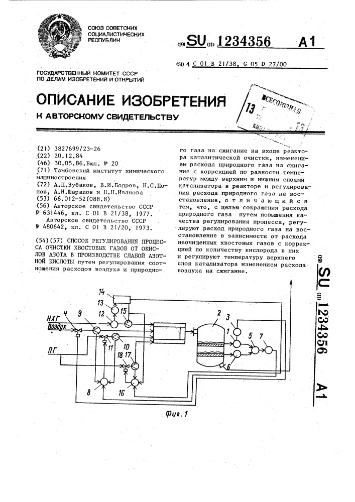 Способ регулировния процесса очистки хвостовых газов от окислов азота в производстве слабой азотной кислоты (патент 1234356)