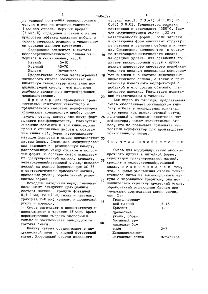 Смесь для модифицирования высокопрочного чугуна в литейной форме (патент 1404527)