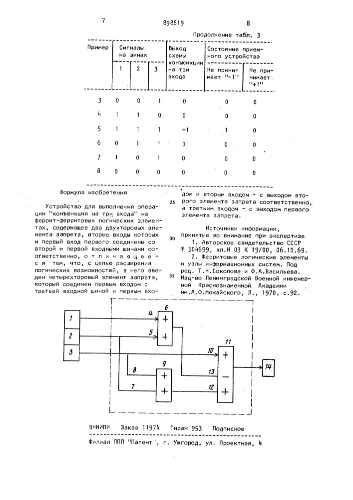Устройство для выполнения операции "конъюнкция на три входа" на феррит-ферритовых логических элементах (патент 898619)