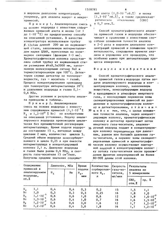 Способ хроматографического анализа примесей газов в водороде (патент 1518785)