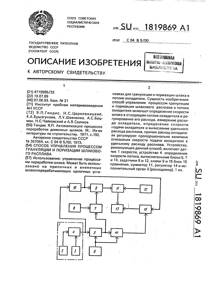 Способ управления процессом грануляции и поризации шлакового расплава (патент 1819869)