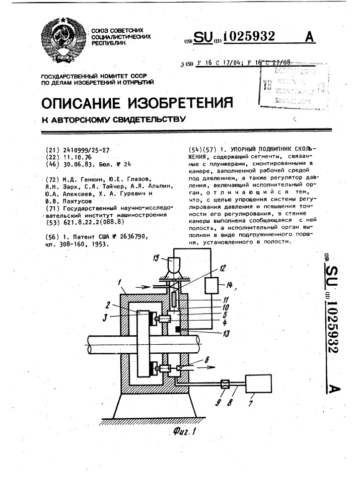 Упорный подшипник скольжения (патент 1025932)