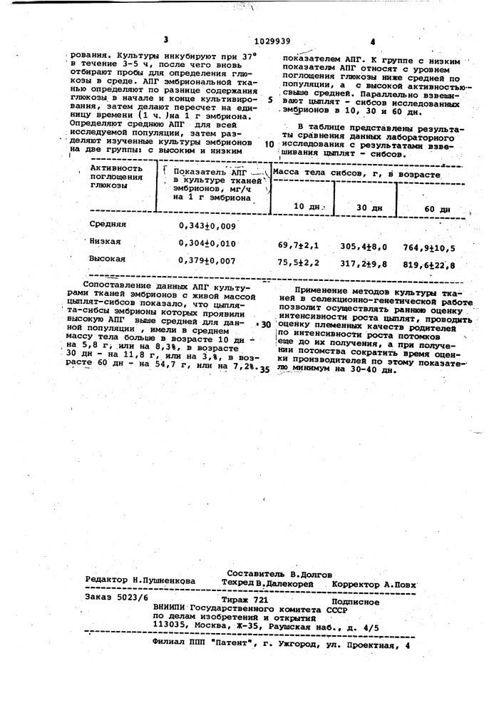 Способ оценки мясной продуктивности птицы (патент 1029939)