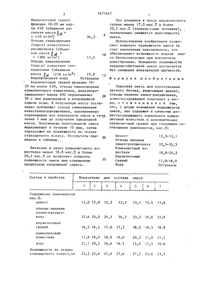 Сырьевая смесь для изготовления легкого бетона (патент 1671647)