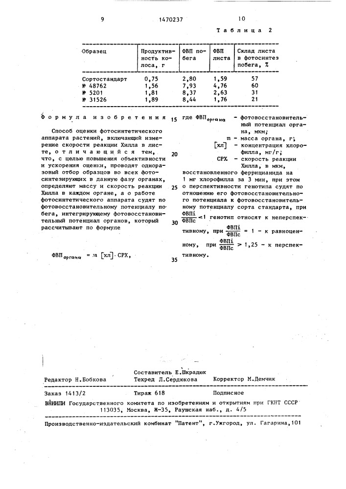 Способ оценки фотосинтетического аппарата растений (патент 1470237)