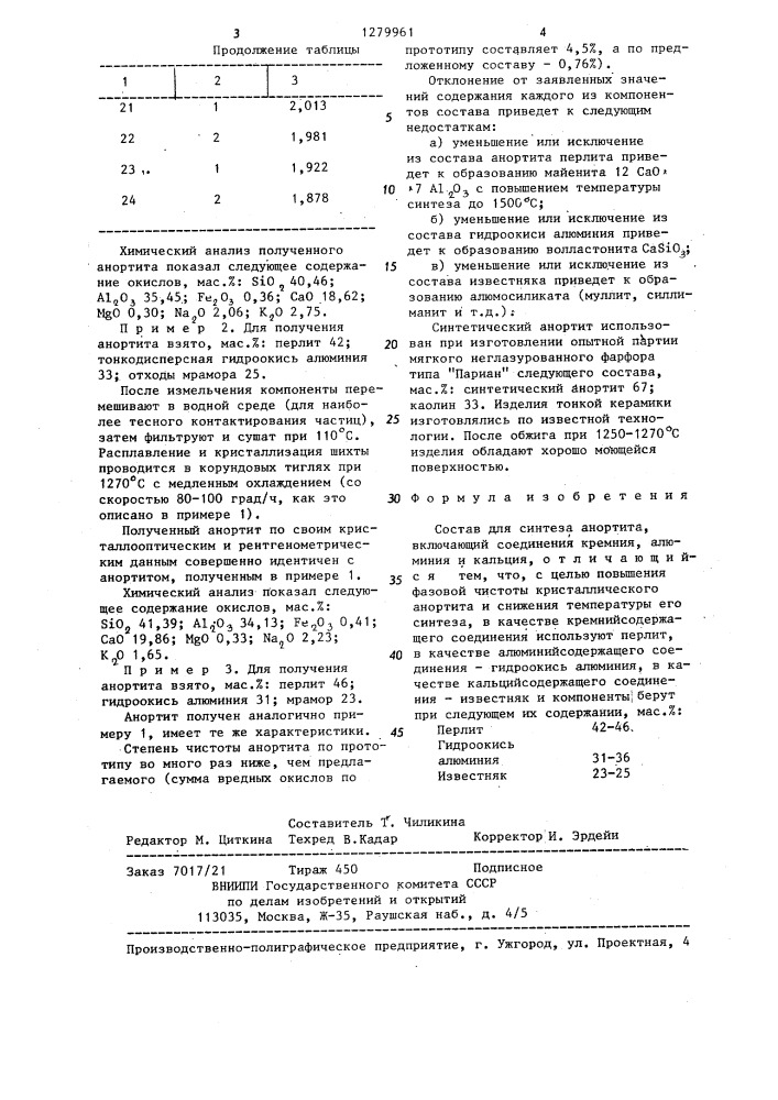 Состав для синтеза анортита (патент 1279961)